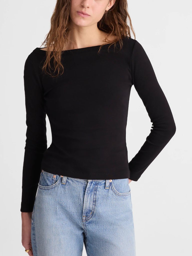 Madewell 90s Boatneck Compact Cotton Slim Fit Long Sleeve Tee Black Size S Nwt